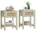 White Nightstand Set of 2 with Rattan Drawer and Open Storage Shelf J8894