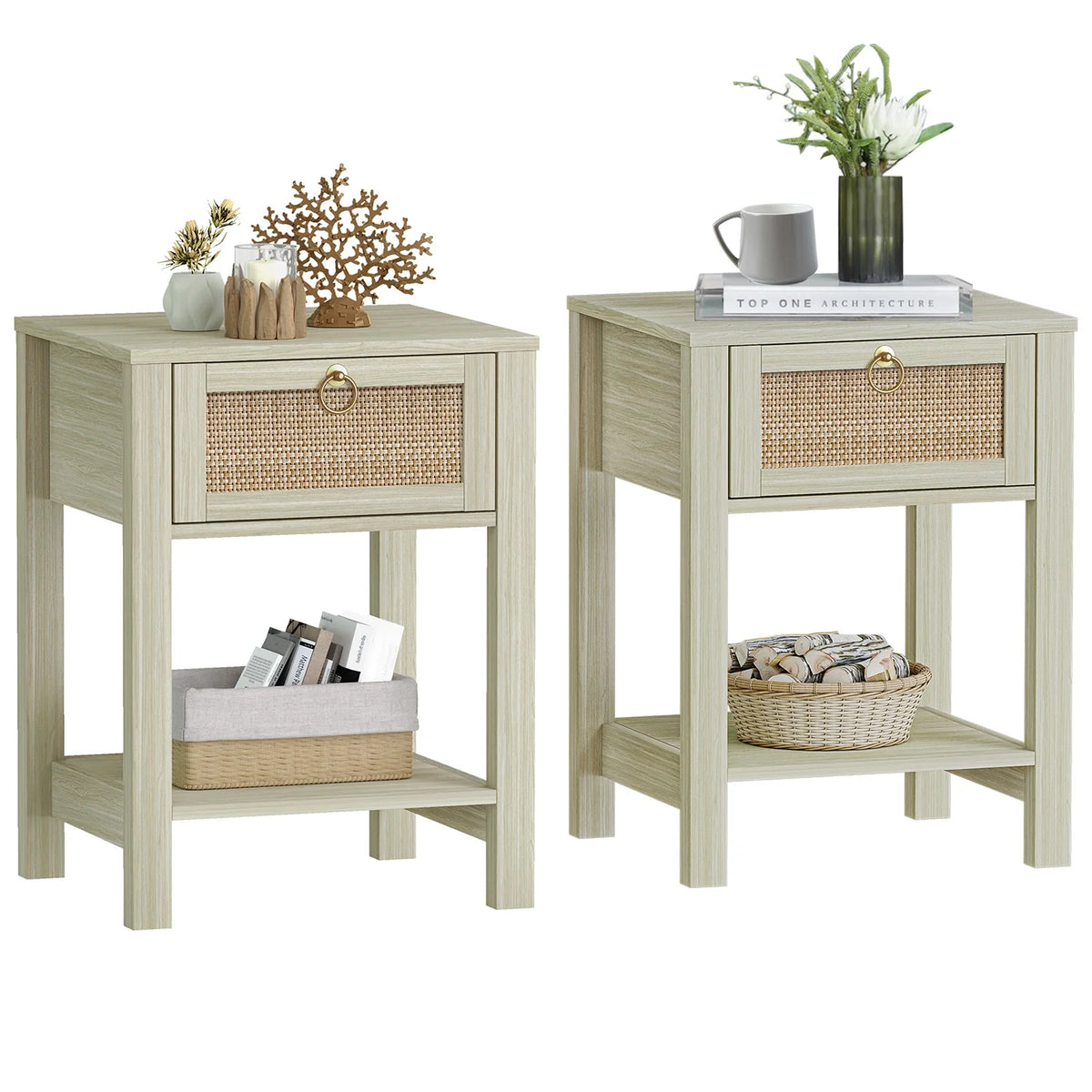 White Nightstand Set of 2 with Rattan Drawer and Open Storage Shelf J8894