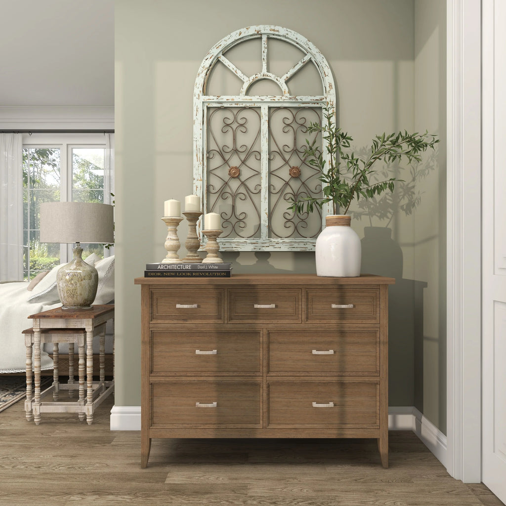 White Wood Arched Window Wall Decor with Metal Scrollwork I7228