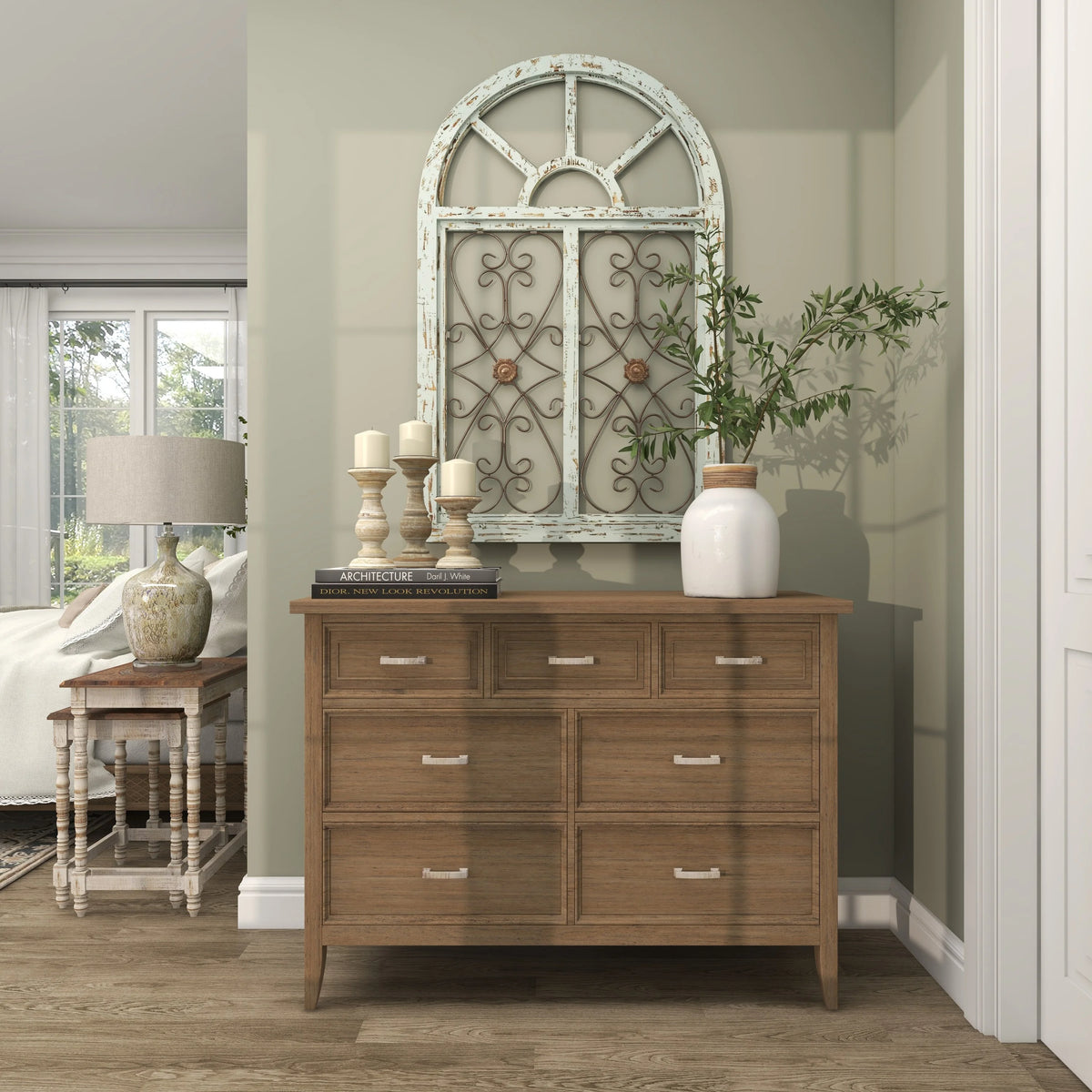 White Wood Arched Window Wall Decor with Metal Scrollwork I7228