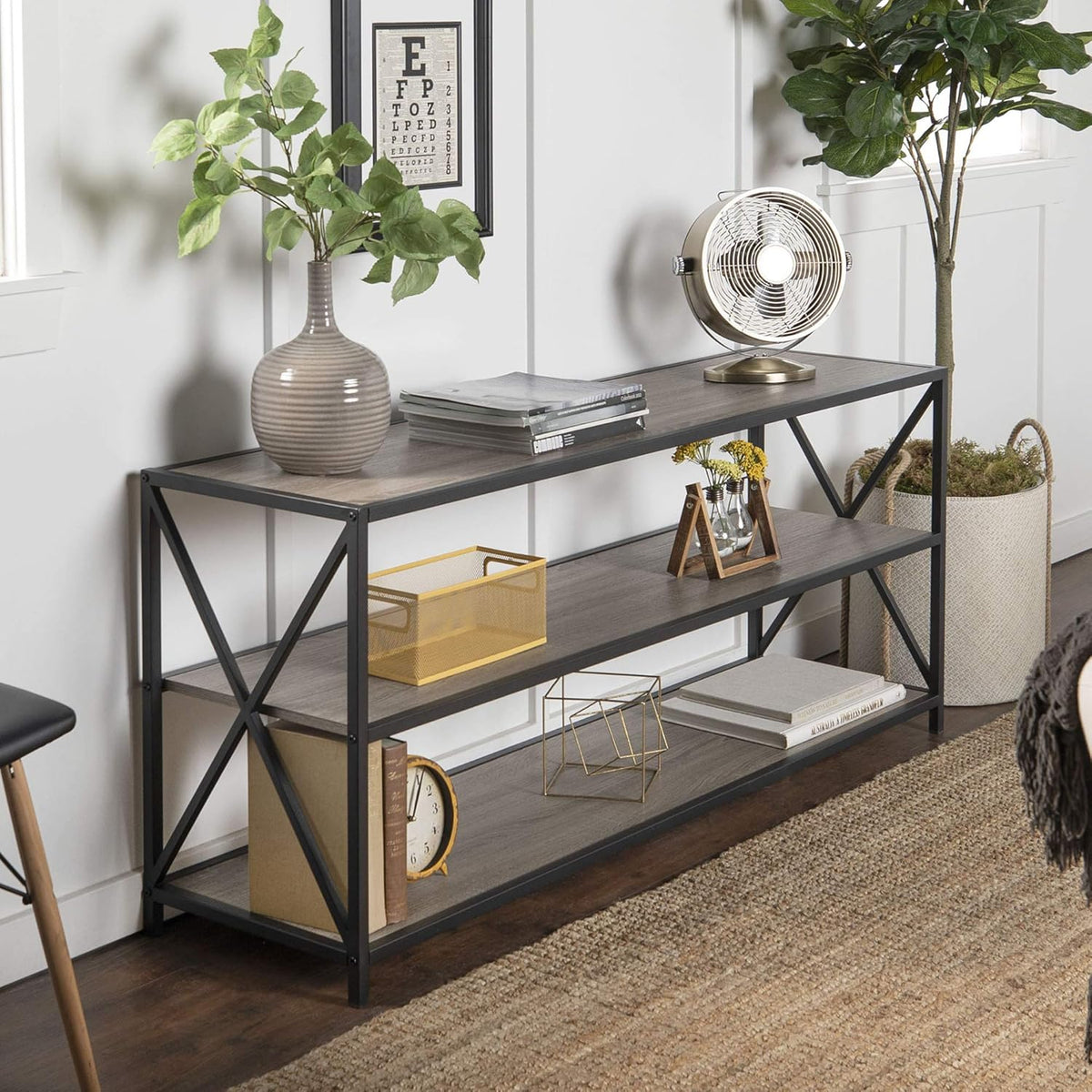 4 Tier Grey Metal Wood Bookcase I82144