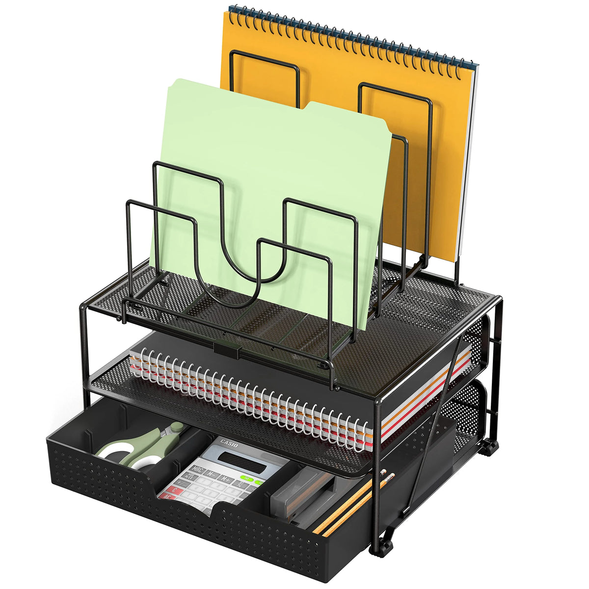 Black Mesh Desk Organizer with Double Tray and Sliding Drawer V5499