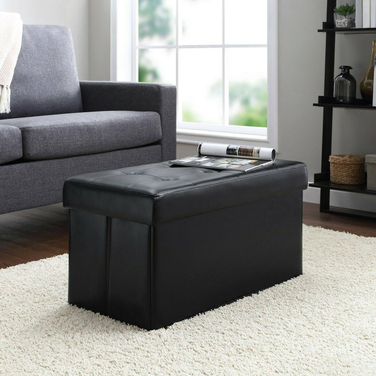 Collapsible Quilted Black Faux Leather Storage Ottoman J74859