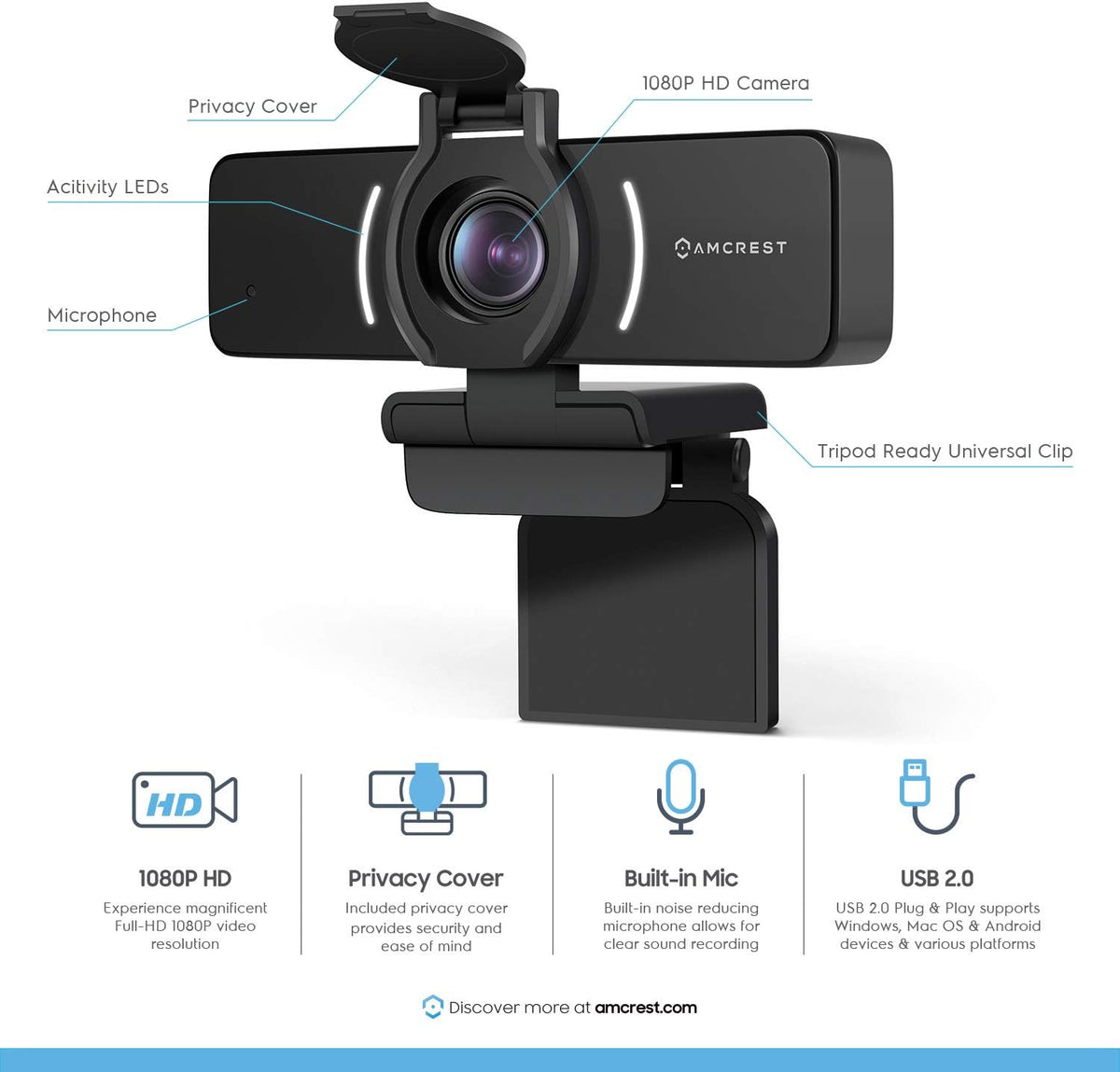 1080P Webcam with Microphone & Privacy Cover, USB Camera, Wide Angle Lens Z94657