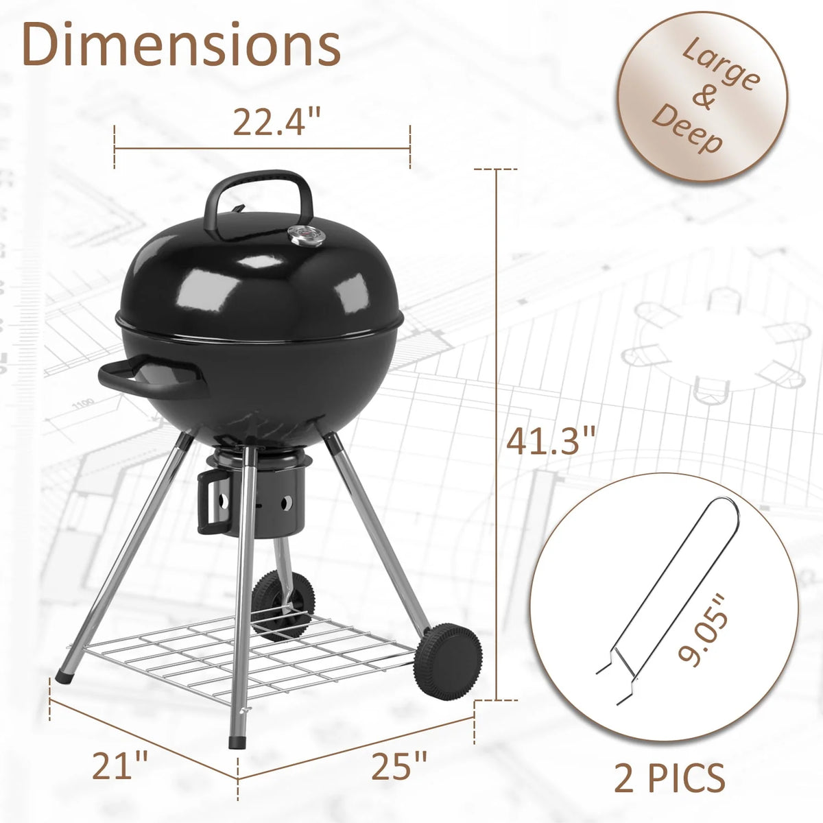 Black 29” Barrel Outdoor Charcoal Grill with Side Shelf and Wheels O572054