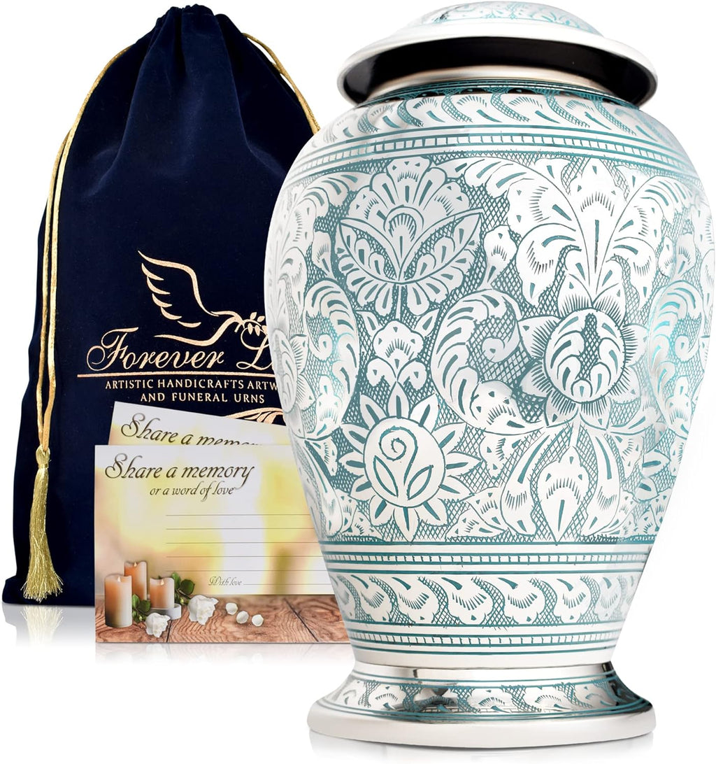 Silver-Blue Classical Brass Large Cremation Urn with Velvet Bag U33647