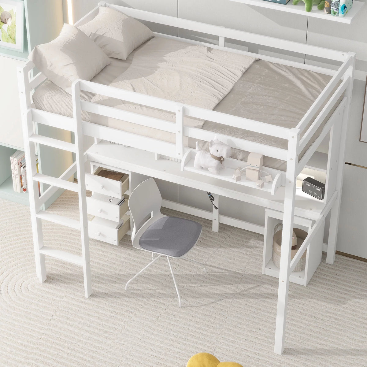 White Twin Size Loft Bed with Built-in Desk and 3 Drawers Y535