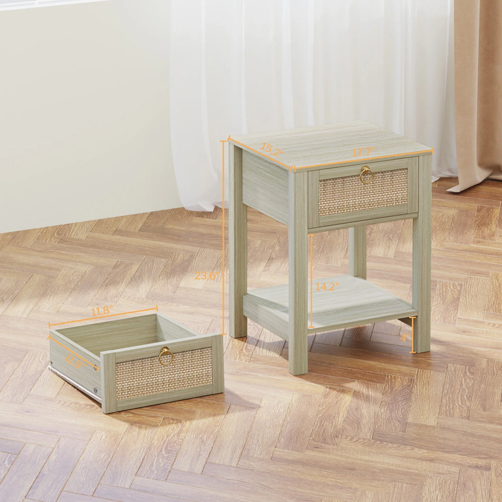 White Nightstand Set of 2 with Rattan Drawer and Open Storage Shelf J8894