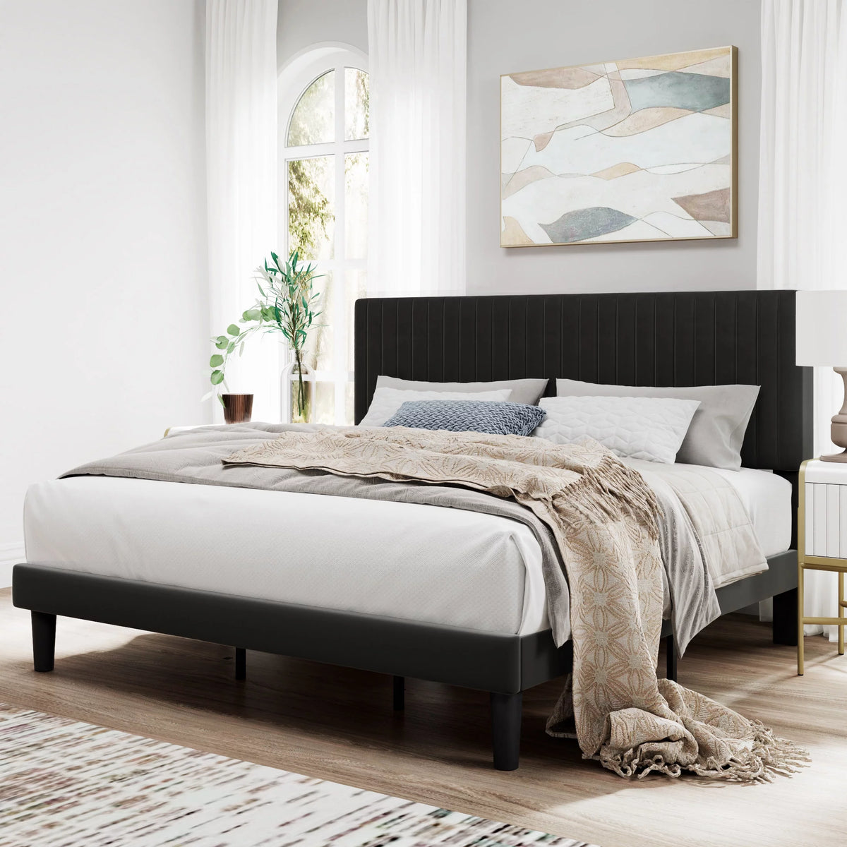 Pink Queen Size Upholstered Platform Bed Frame with Velvet Headboard Z50761