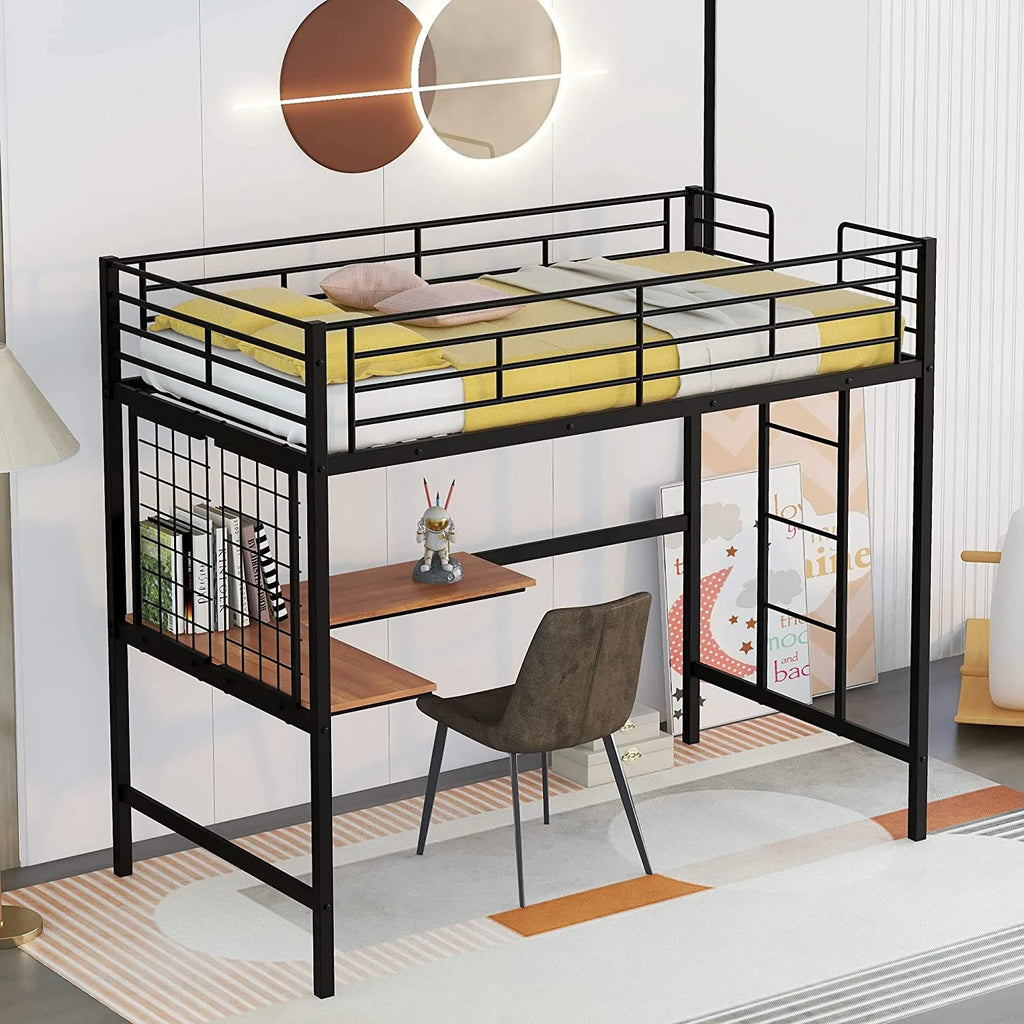 Metal Loft Bed with L-Shape Desk and Guardrails G136593