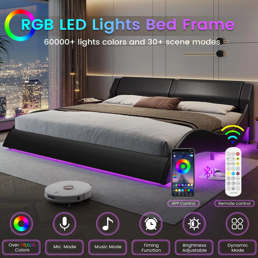 King Size Faux Leather Platform Bed Frame with Headboard and LED Lights E3454