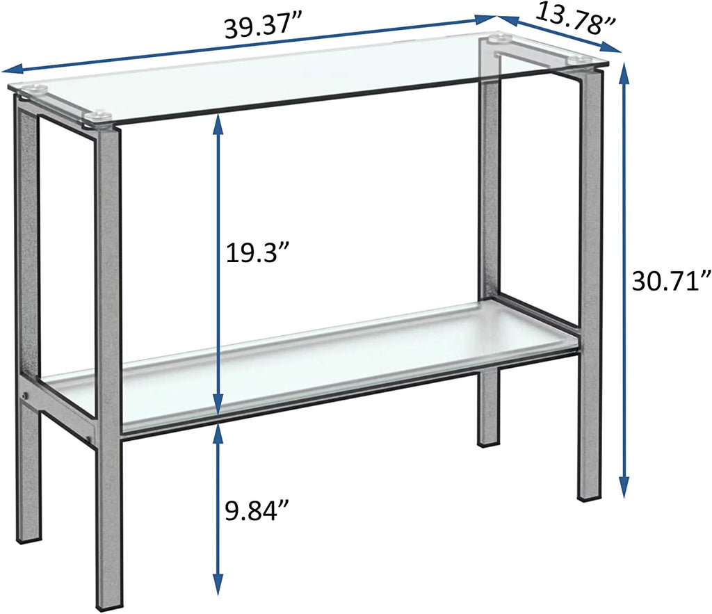 39.37" Black Console Table with 2 Shelves Tempered Glass Metal Frame Q95493