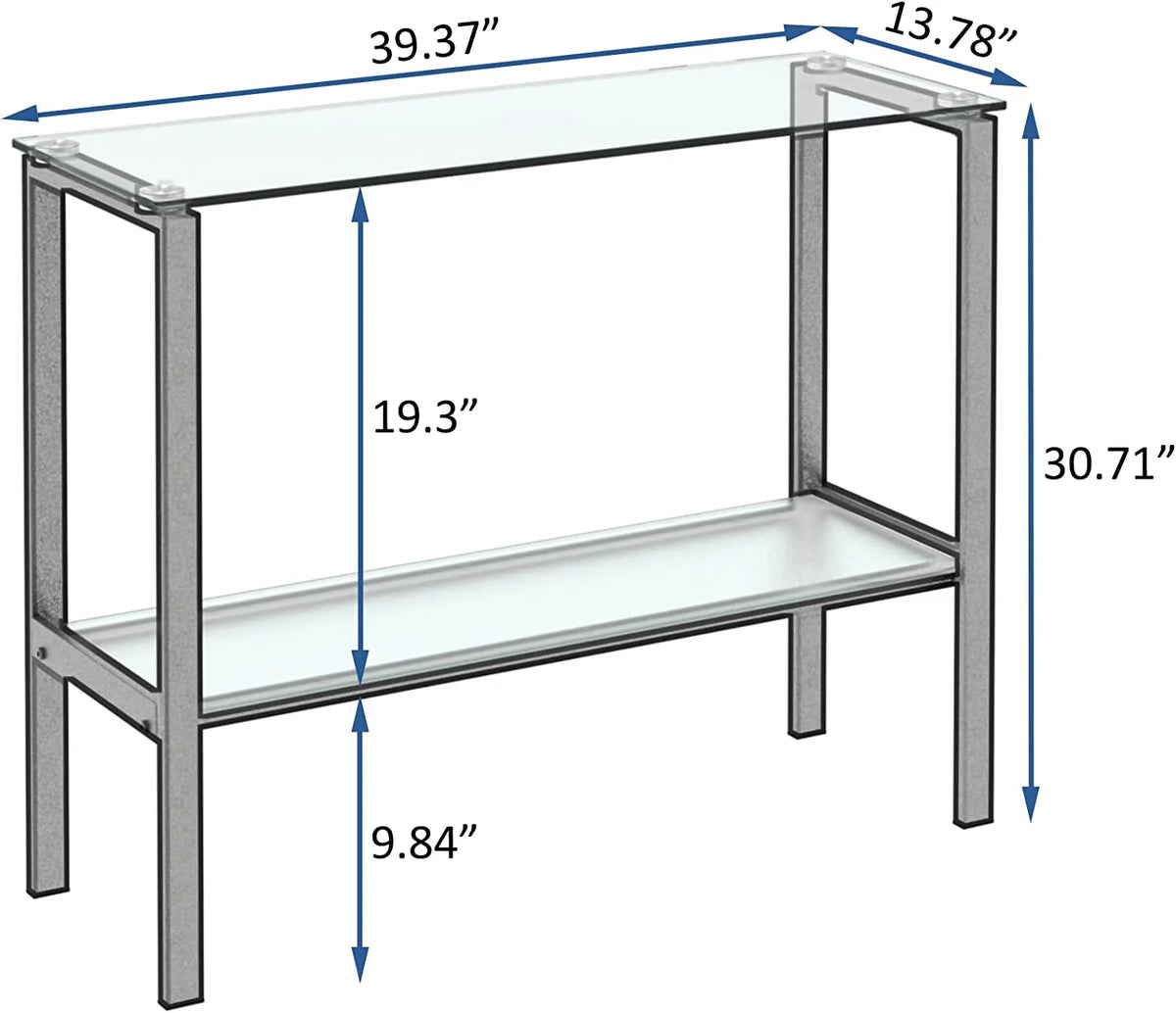 39.37" Black Console Table with 2 Shelves Tempered Glass Metal Frame Q95493