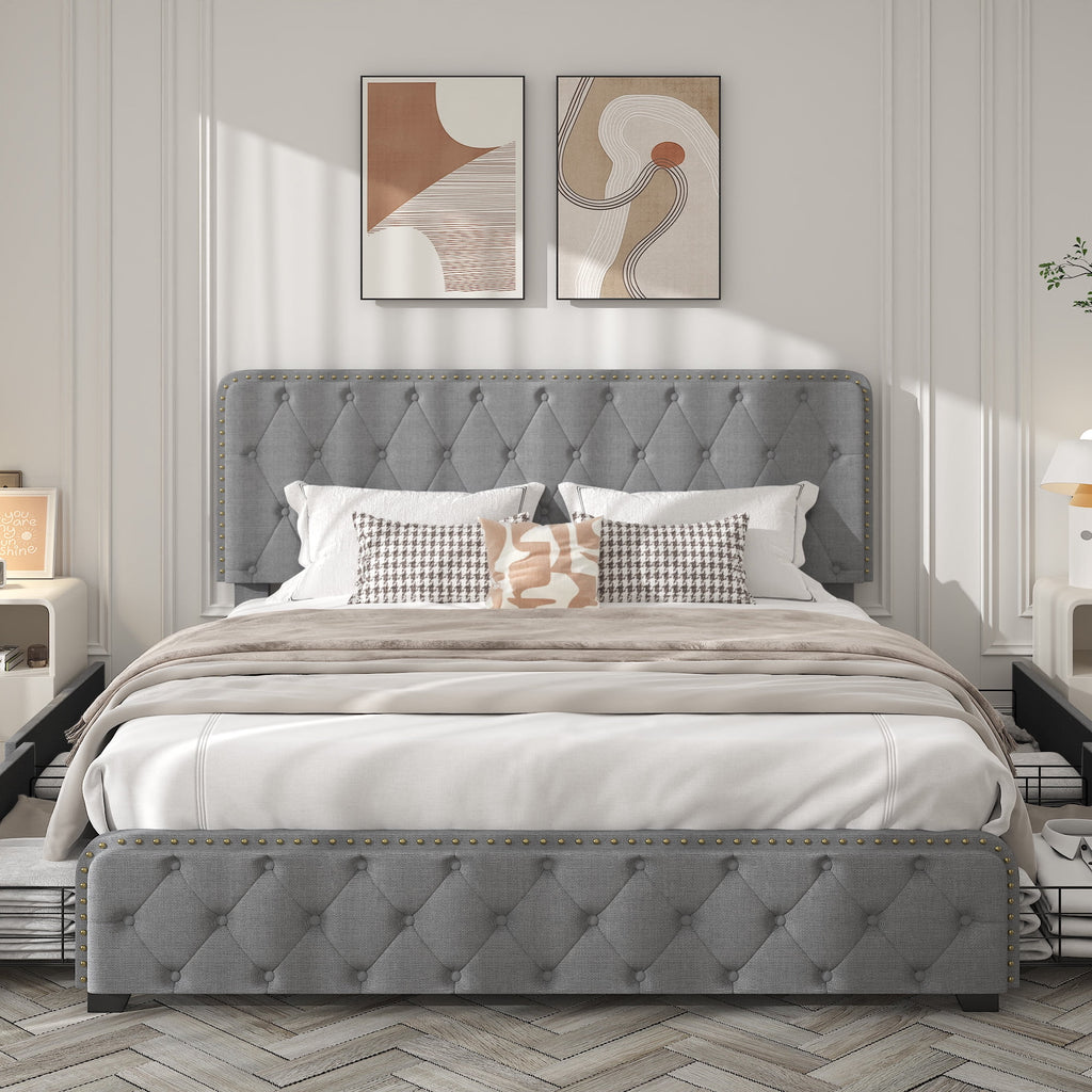 Queen Size Platform Bed Frame with 4 Storage Drawers X55127