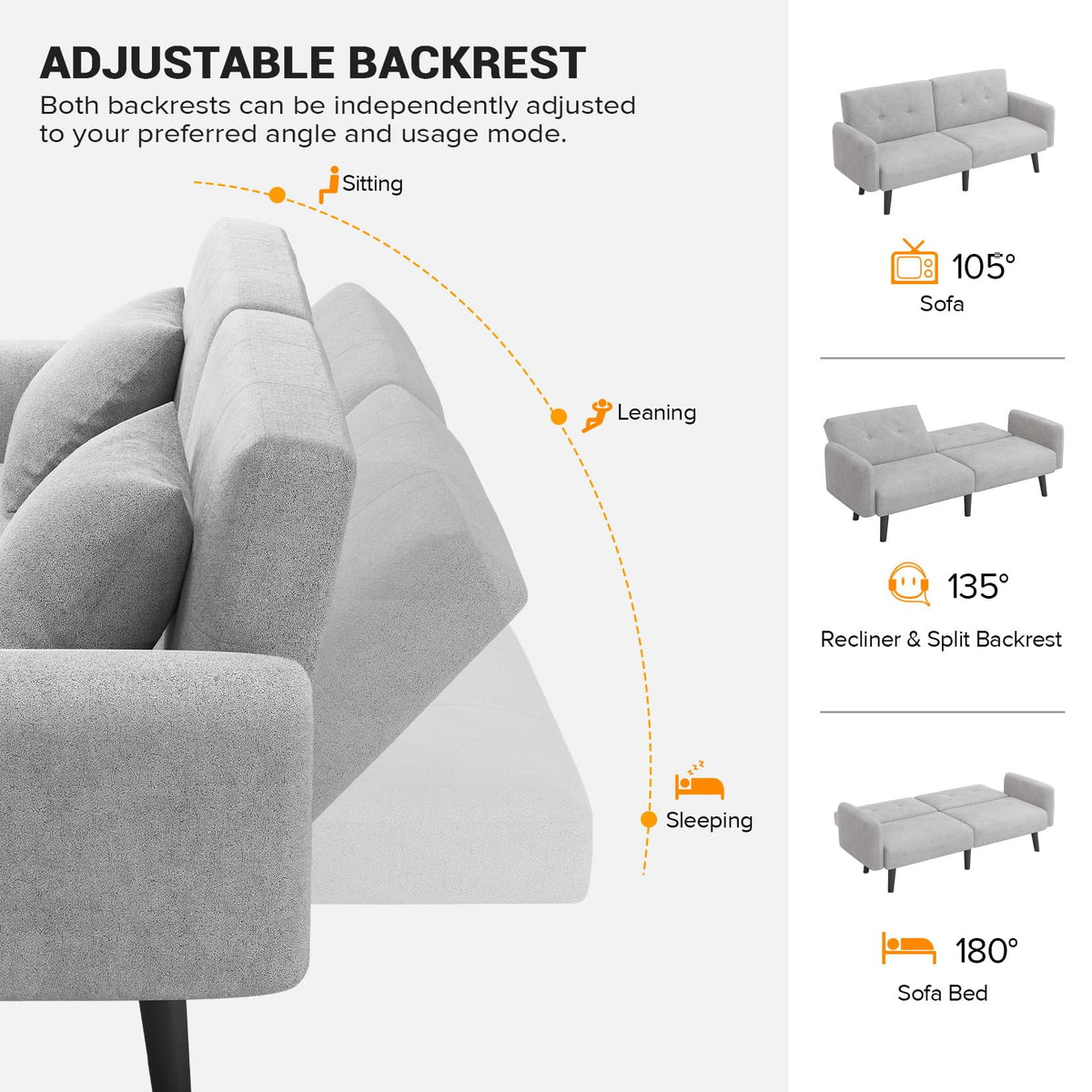 Light Grey Convertible Futon Sofa Bed with 2 Pillows N4551