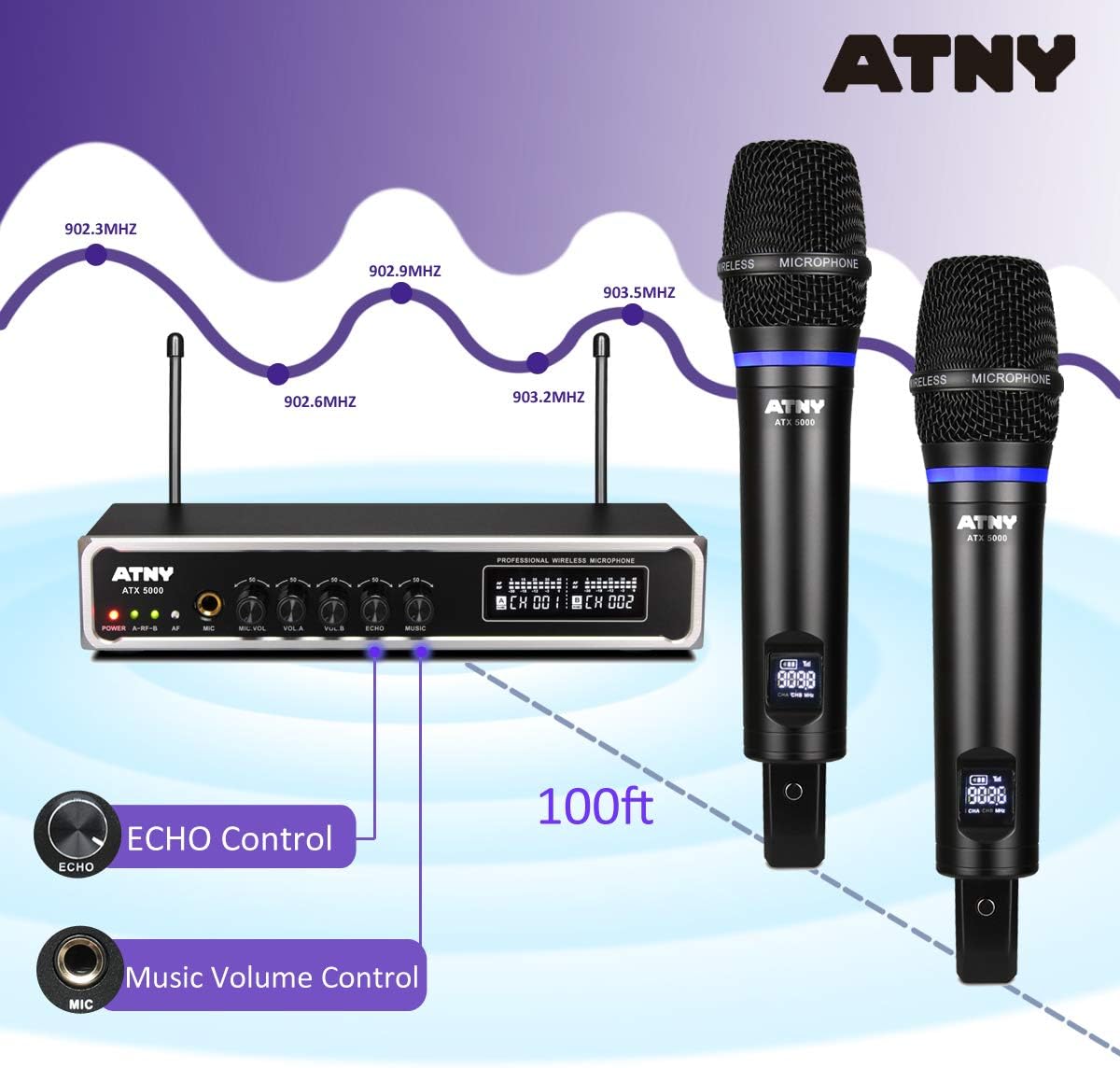 UHF Dual Channel Handheld Wireless Microphone System with 2 Rechargeable Metal Mics and LED Display O894