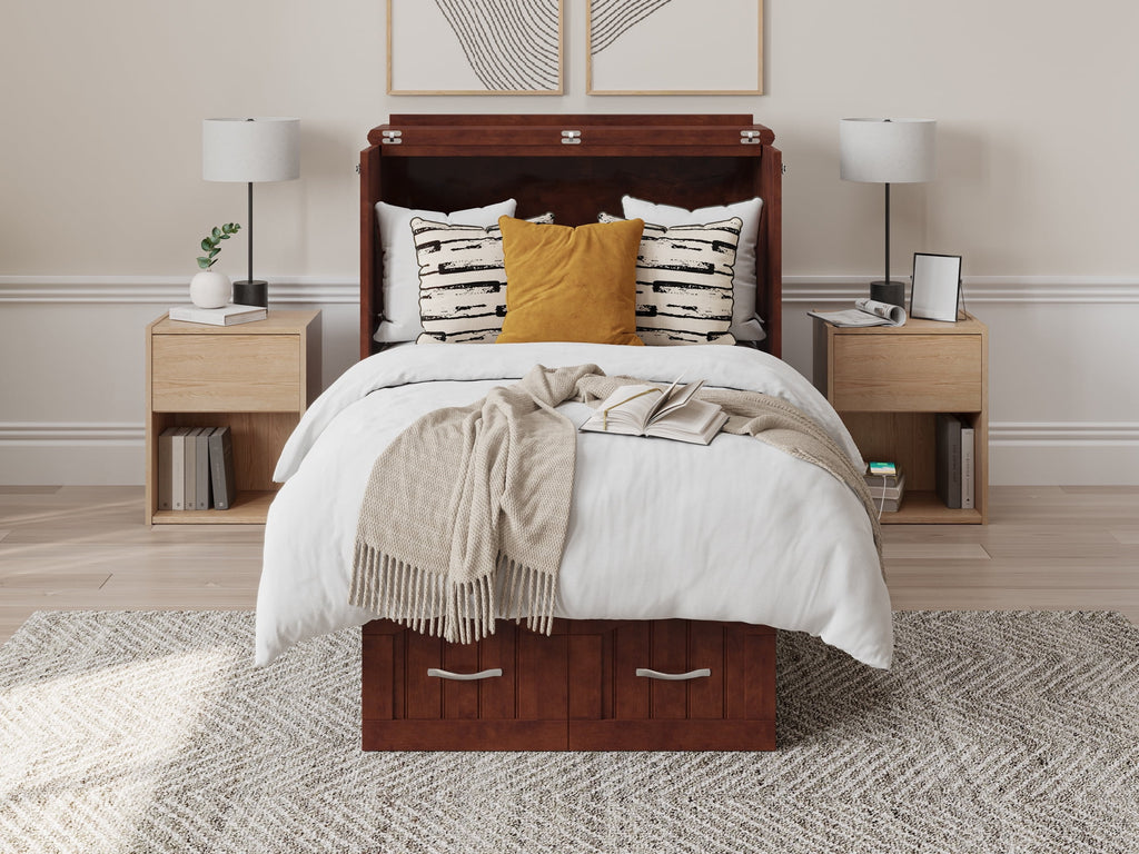 Twin Solid Wood Murphy Bed Chest with Mattress, Drawer & Charger, Walnut X35342