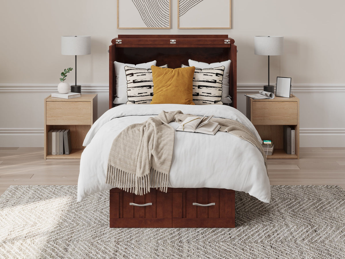 Twin Solid Wood Murphy Bed Chest with Mattress, Drawer & Charger, Walnut X35342