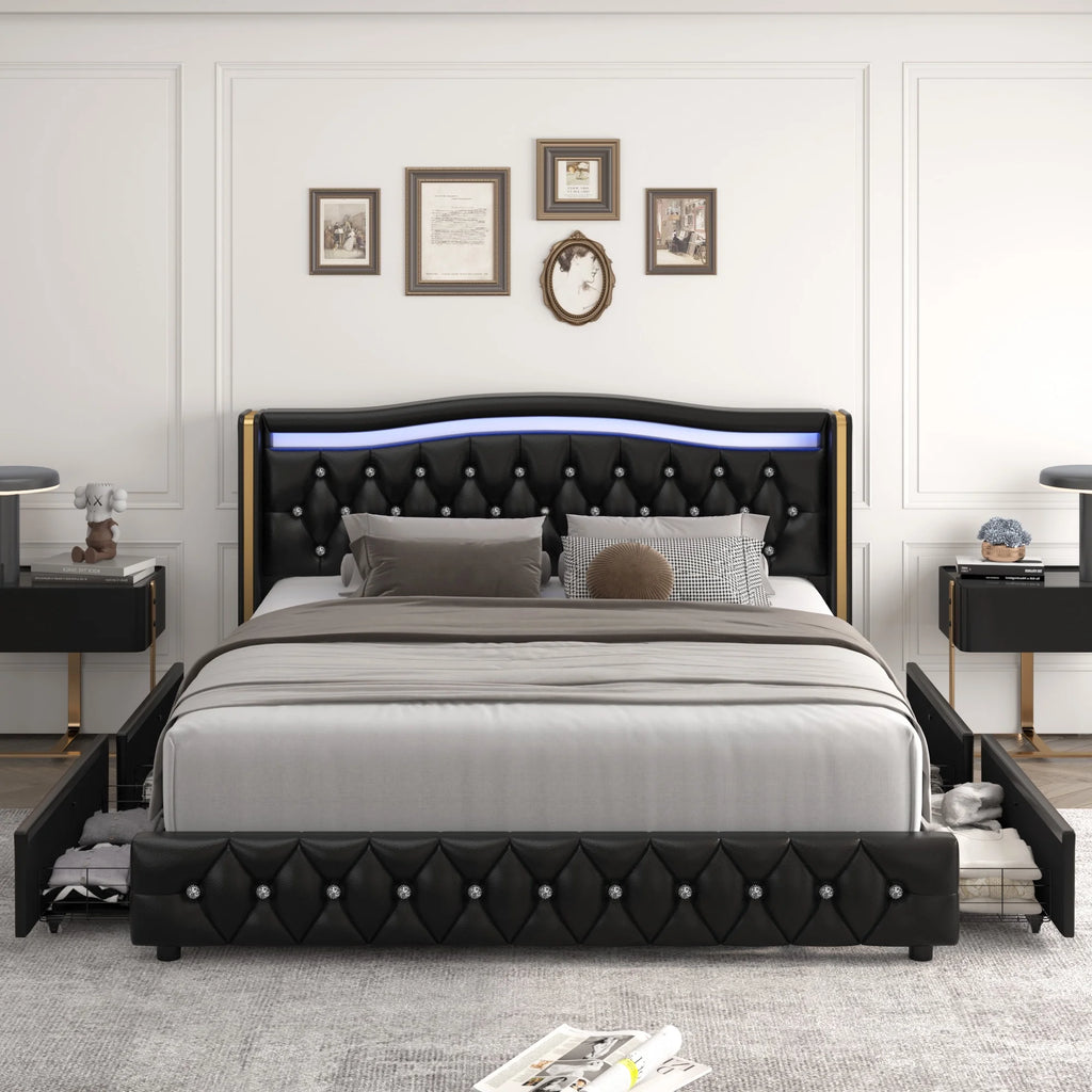 White Queen Size LED Bed Frame with 4 Storage Drawers B655