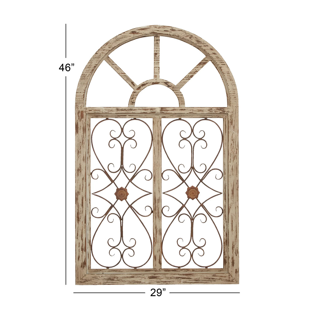 White Wood Arched Window Wall Decor with Metal Scrollwork I7228