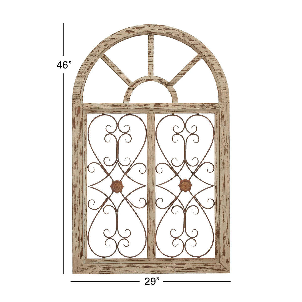 White Wood Arched Window Wall Decor with Metal Scrollwork I7228