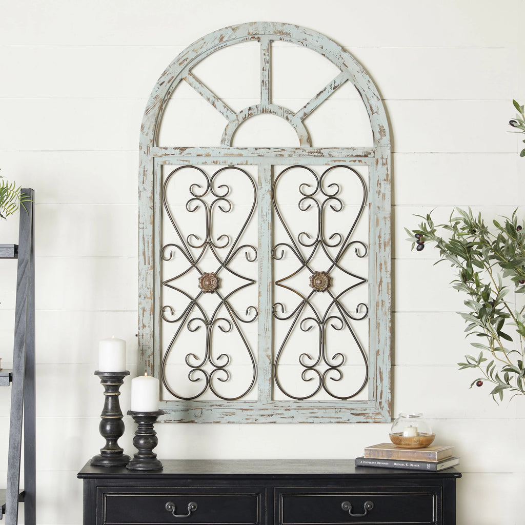 White Wood Arched Window Wall Decor with Metal Scrollwork I7228