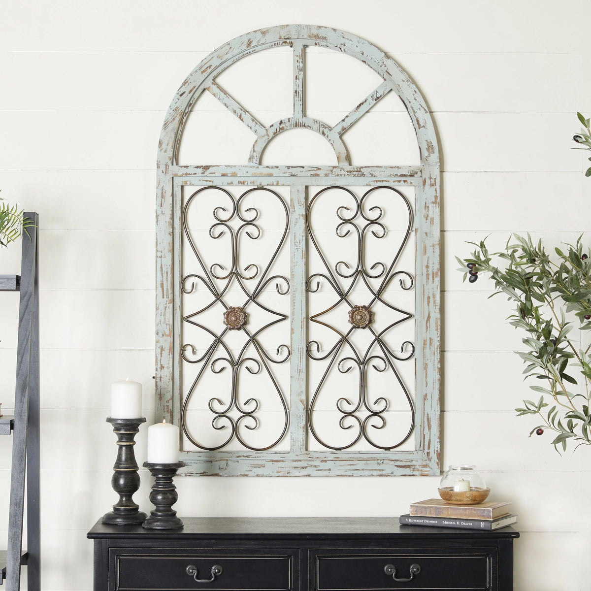White Wood Arched Window Wall Decor with Metal Scrollwork I7228
