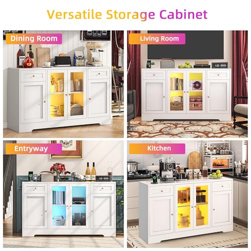 55'' Wood Coffee Bar Cabinet with 4 Doors and Charging Station W3423