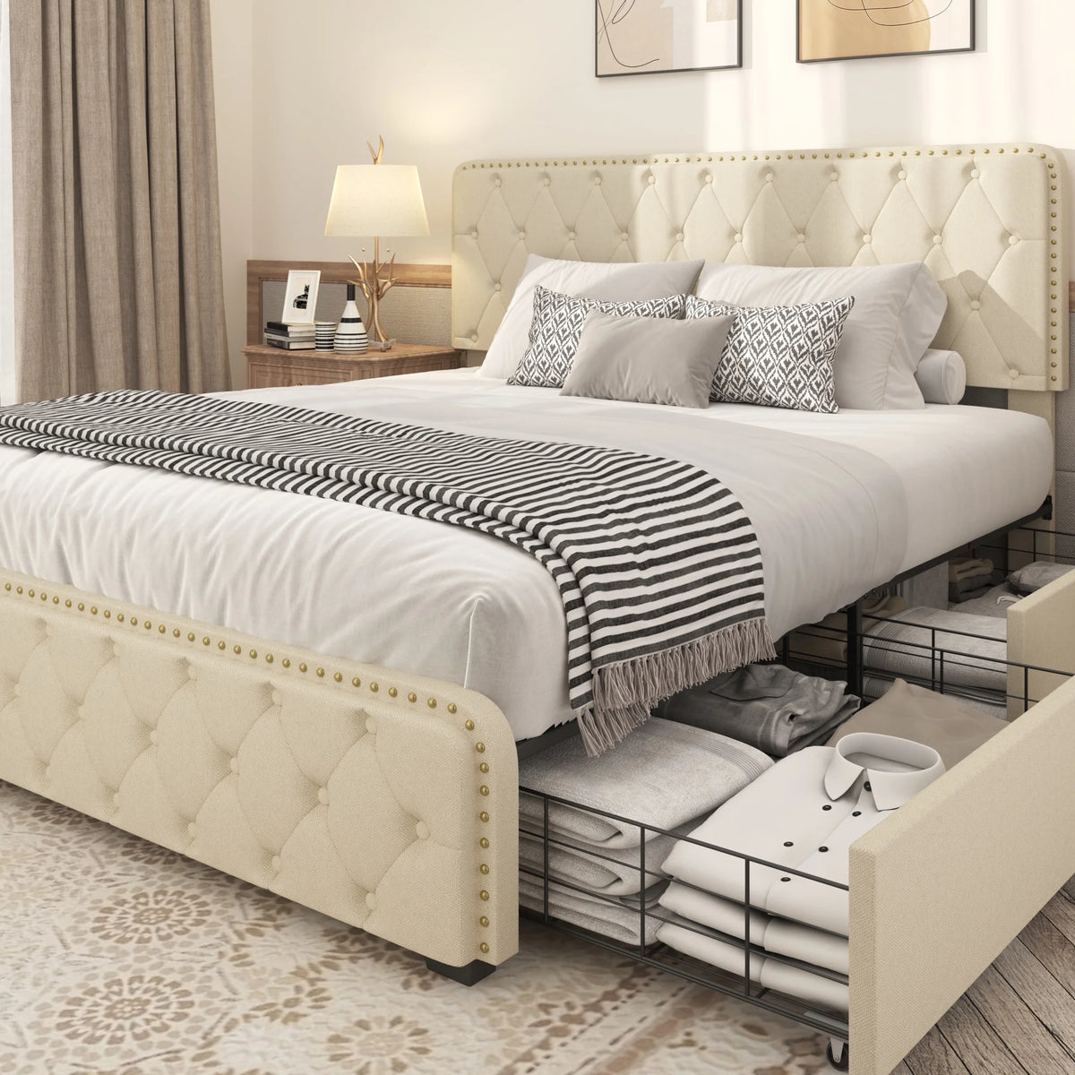 Queen Size Platform Bed Frame with 4 Storage Drawers X55127