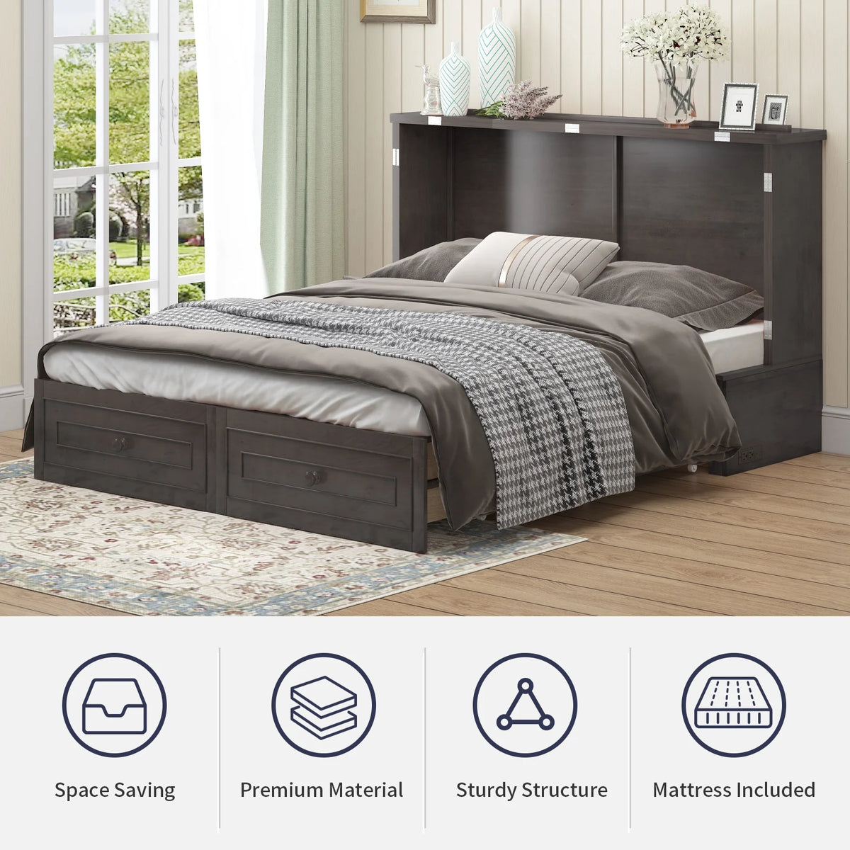 Queen Size Murphy Bed Cabinet with Storage Drawer D590204