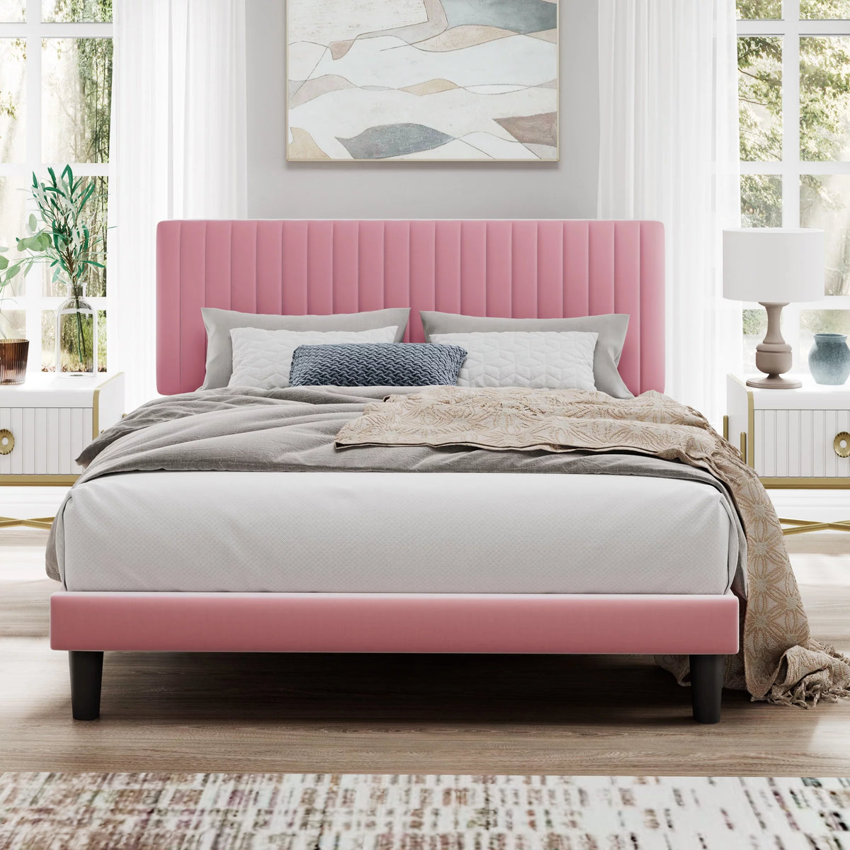 Pink Queen Size Upholstered Platform Bed Frame with Velvet Headboard Z50761