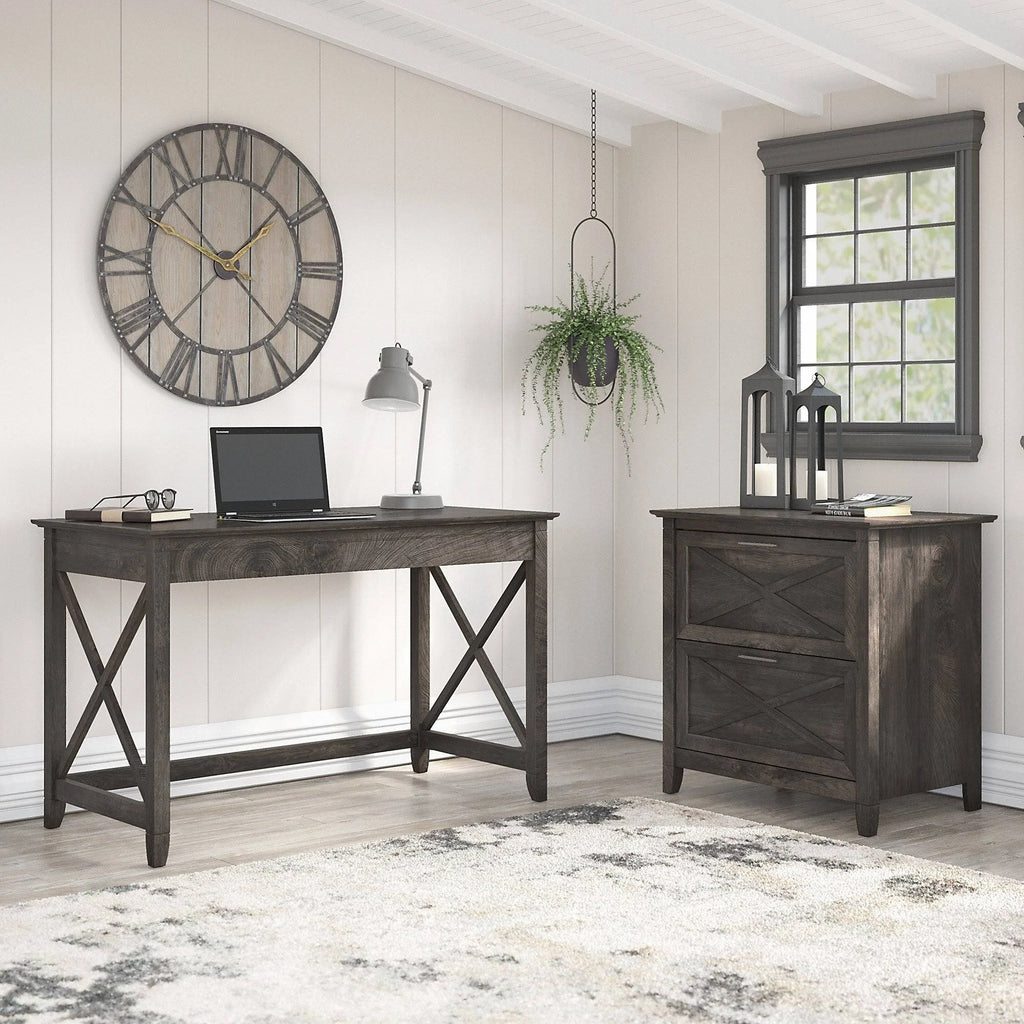 48x22 Engineered Wood Writing Desk with Lateral File Cabinet, Dark Gray Hickory G147876