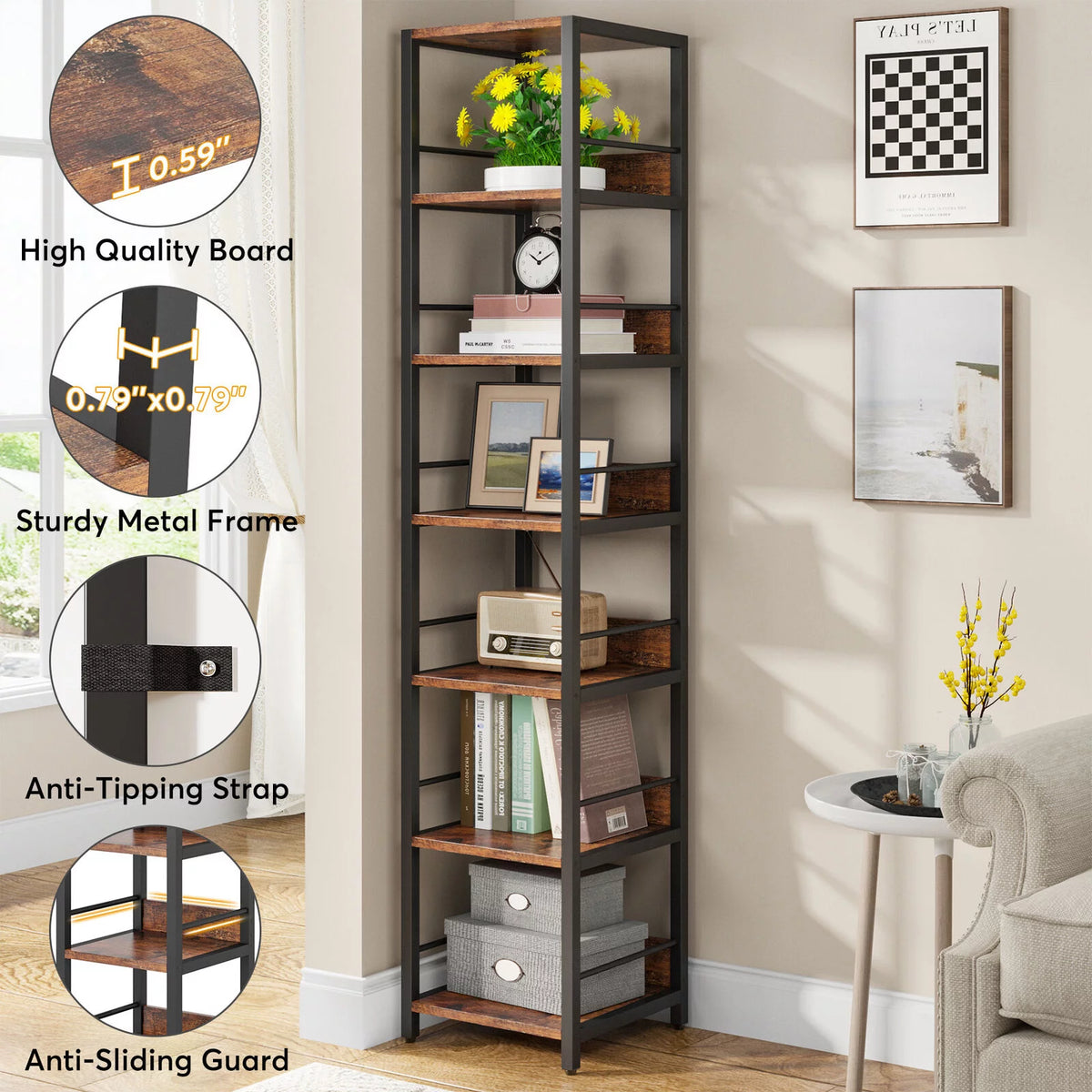 75" Tall Narrow 6 Tier Corner Bookshelf H8094