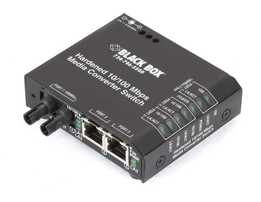 Black Box Hardened Media Converter Switch 12-VDC - RJ-45 to ST Multi-Mode Fiber Media Converter - 100 Mbps F9450