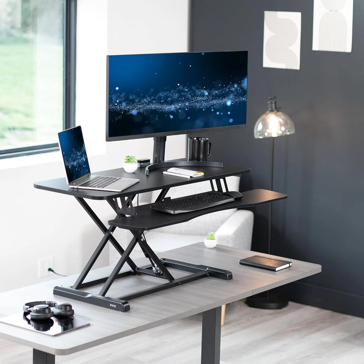 Black Height Adjustable Standing Desk Monitor Riser V789259