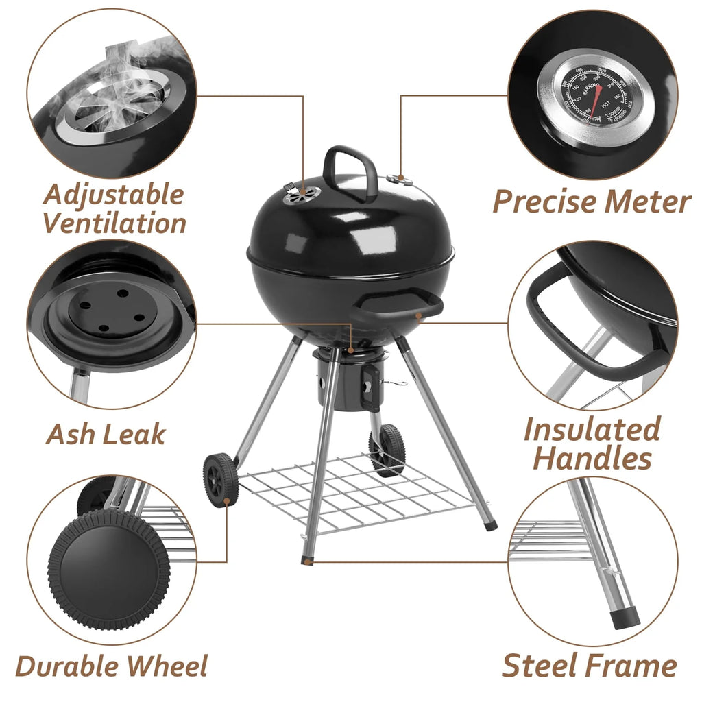 Black 29” Barrel Outdoor Charcoal Grill with Side Shelf and Wheels O572054
