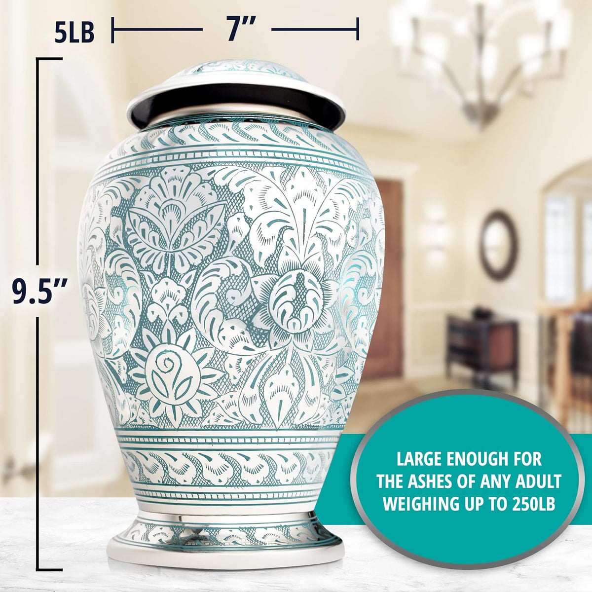 Silver-Blue Classical Brass Large Cremation Urn with Velvet Bag U33647