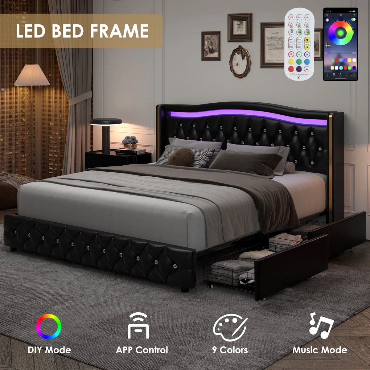 White Queen Size LED Bed Frame with 4 Storage Drawers B655