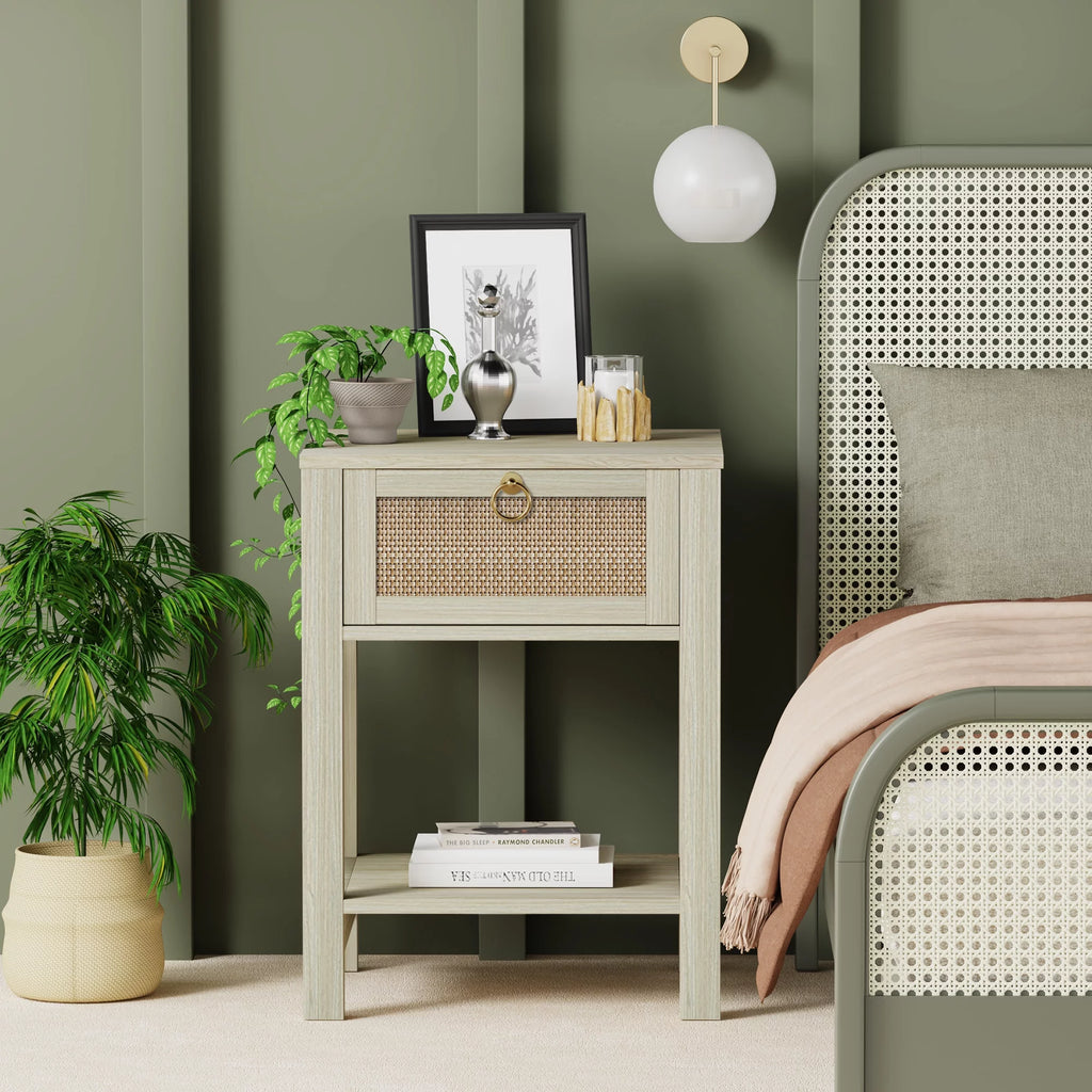 White Nightstand Set of 2 with Rattan Drawer and Open Storage Shelf J8894