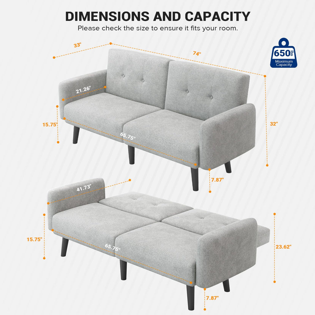Light Grey Convertible Futon Sofa Bed with 2 Pillows N4551