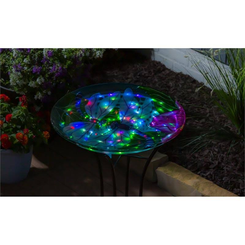 Solar Hand Painted Glass Bird Bath with Stand F75397