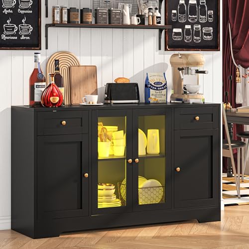 55'' Wood Coffee Bar Cabinet with 4 Doors and Charging Station W3423