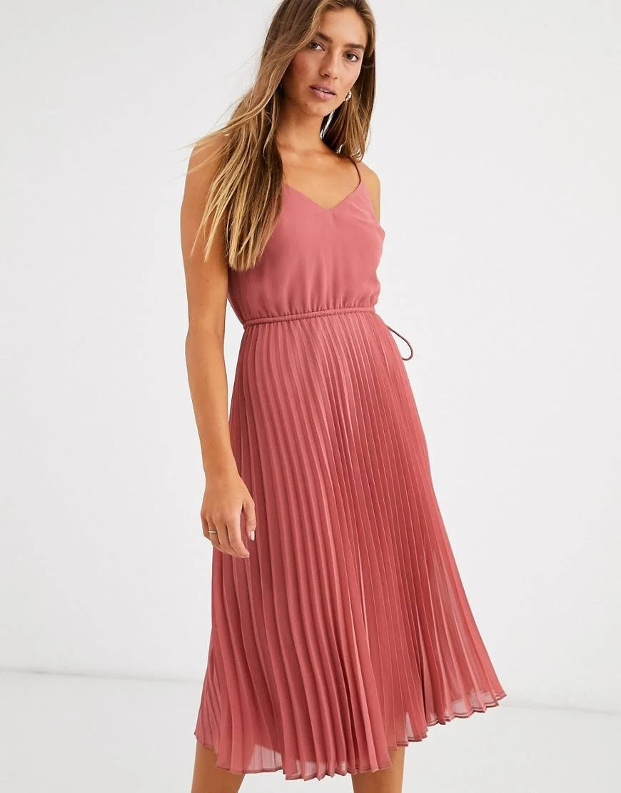 Dark Pink Pleated Cami Midi Dress with Drawstring Waist X375