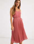 Dark Pink Pleated Cami Midi Dress with Drawstring Waist X375