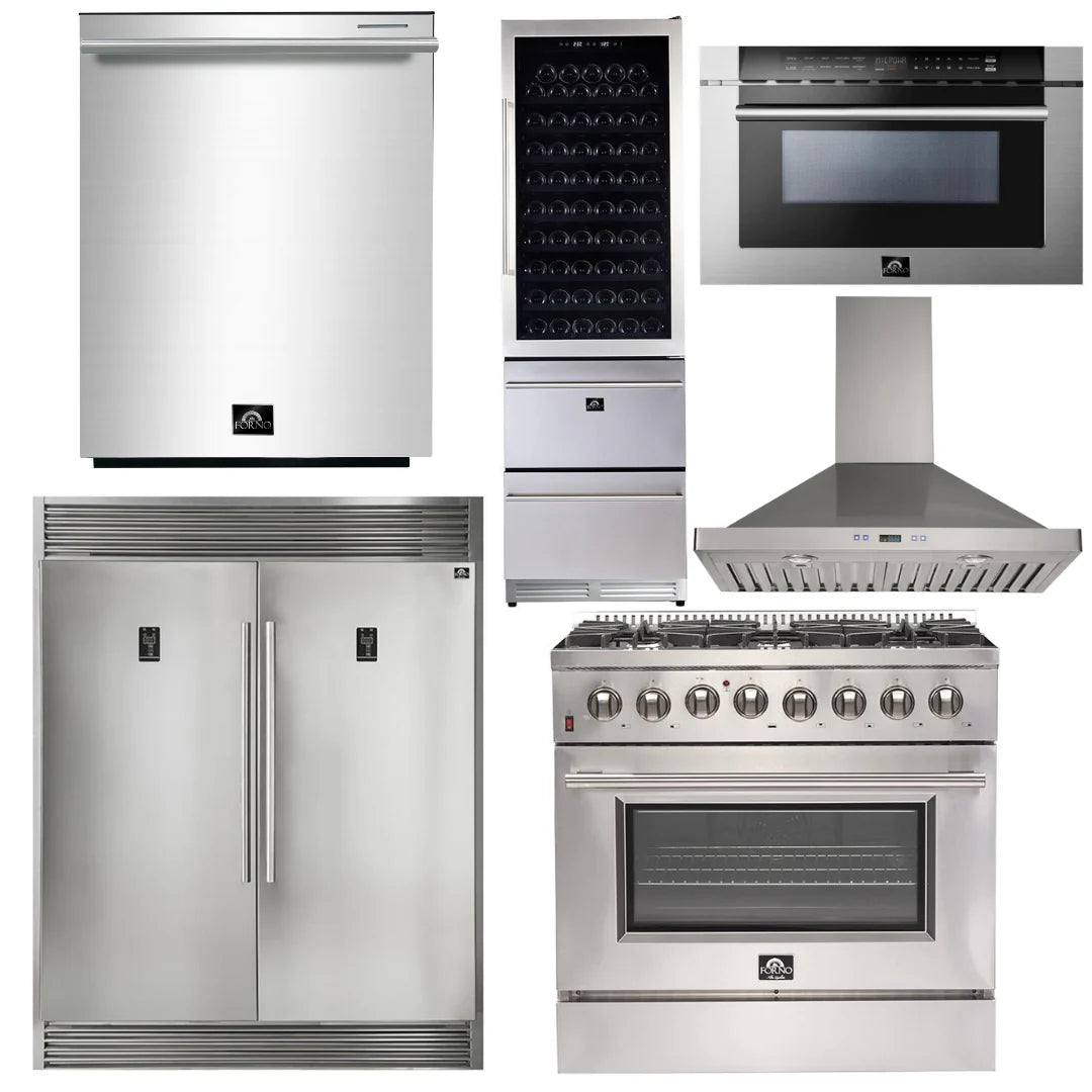 36 Inch Dual Fuel Range, Range Hood, Refrigerator, Microwave Drawer, Dishwasher, Wine Cooler F877228