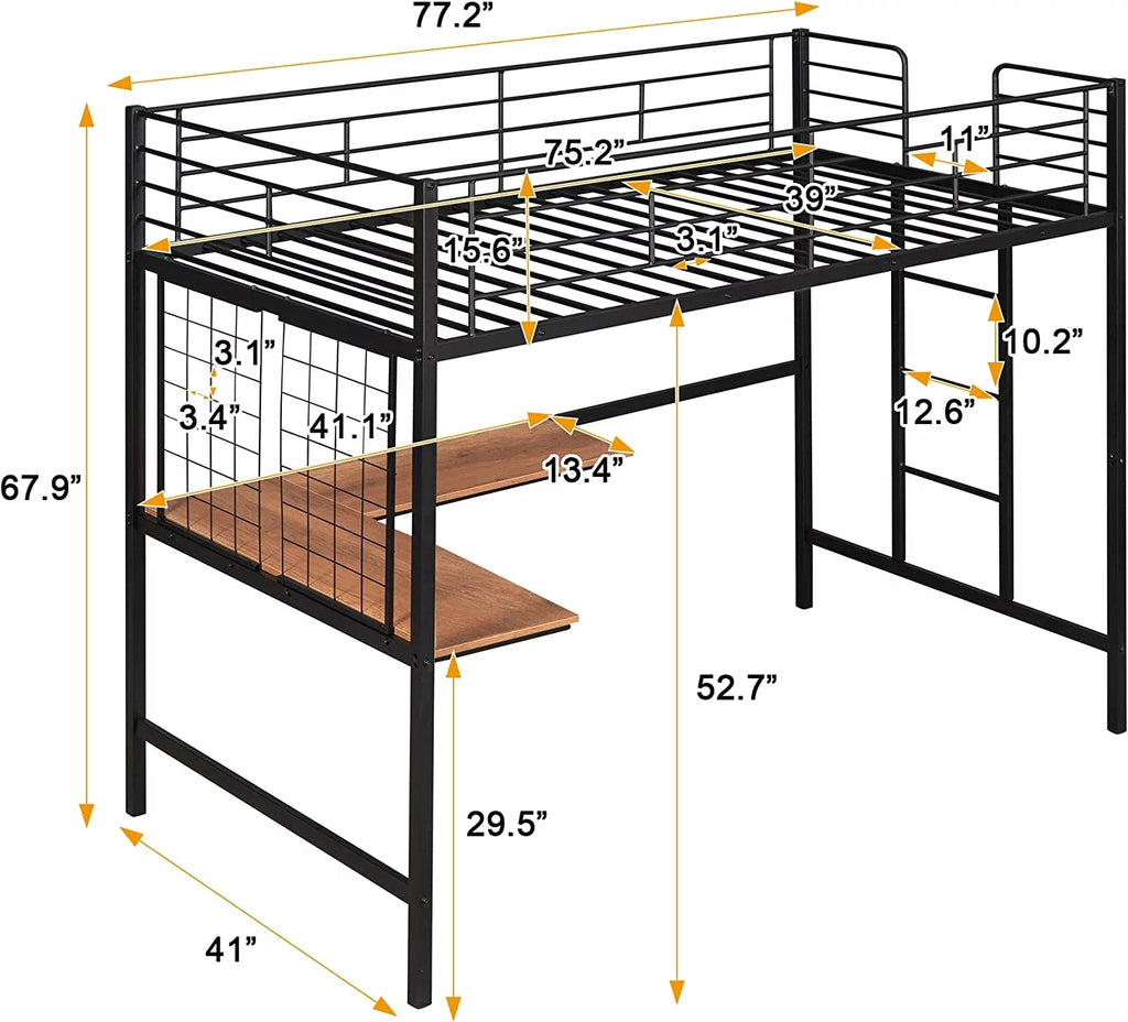 Metal Loft Bed with L-Shape Desk and Guardrails G136593