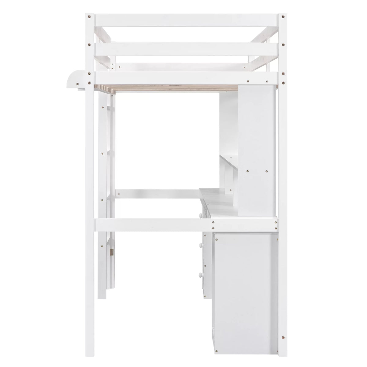 White Twin Size Loft Bed with Built-in Desk and 3 Drawers Y535