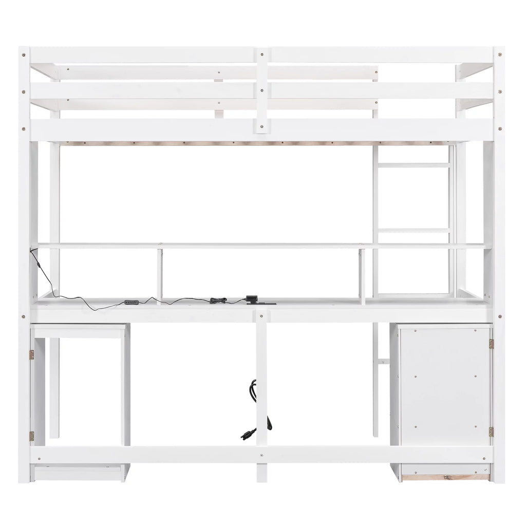 White Twin Size Loft Bed with Built-in Desk and 3 Drawers Y535