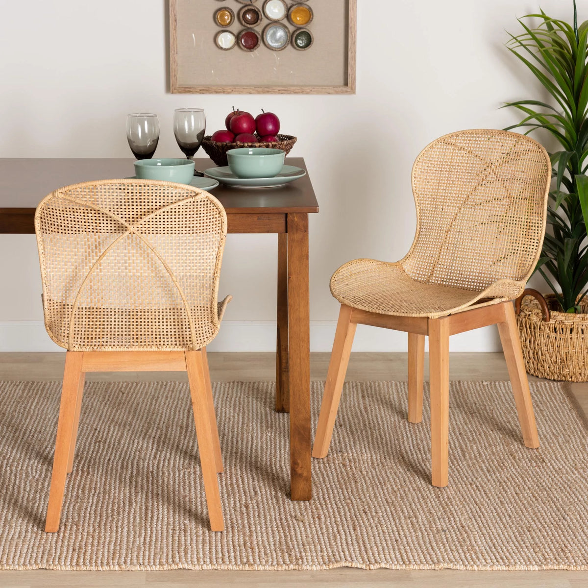 Natural Brown Mahogany and Rattan 2-Piece Dining Chair Set M1526