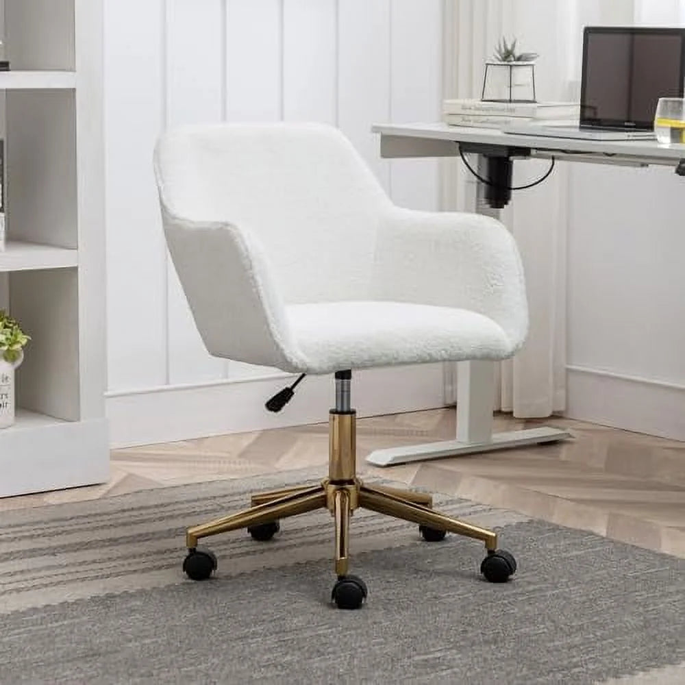 White Sherpa Desk Chair with Wheels and Arms L623955
